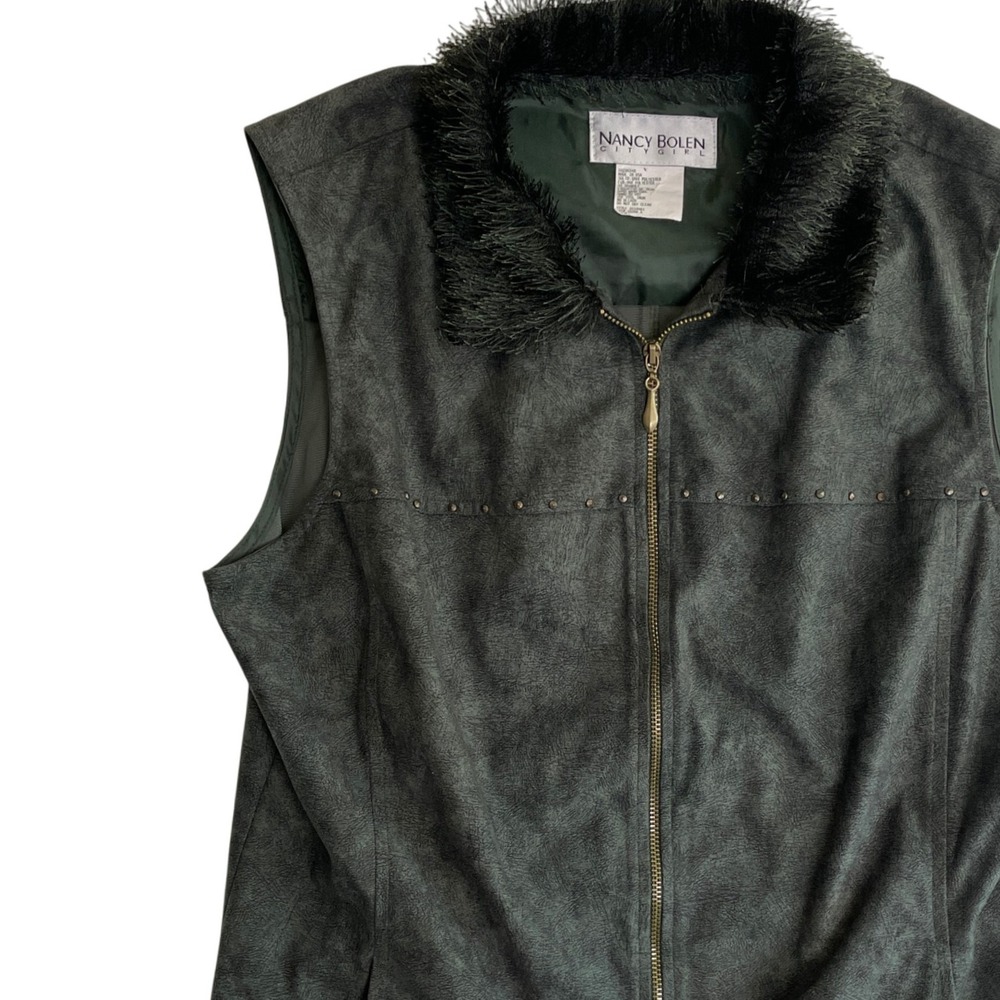 Nancy Bolen‎ City Girl Faux Suede Vest Studded Faux Fur Collar Olive Green, 8
